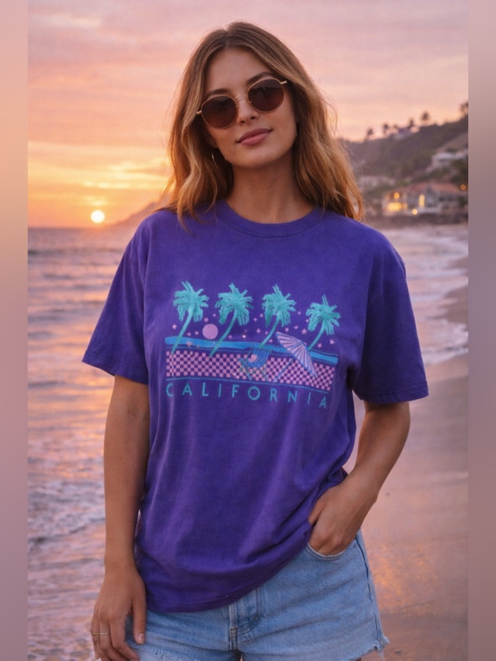 Vintage 90s California Beach Graphic Tee Purple Single Stitch Made USA Medium - Picture 2 of 8